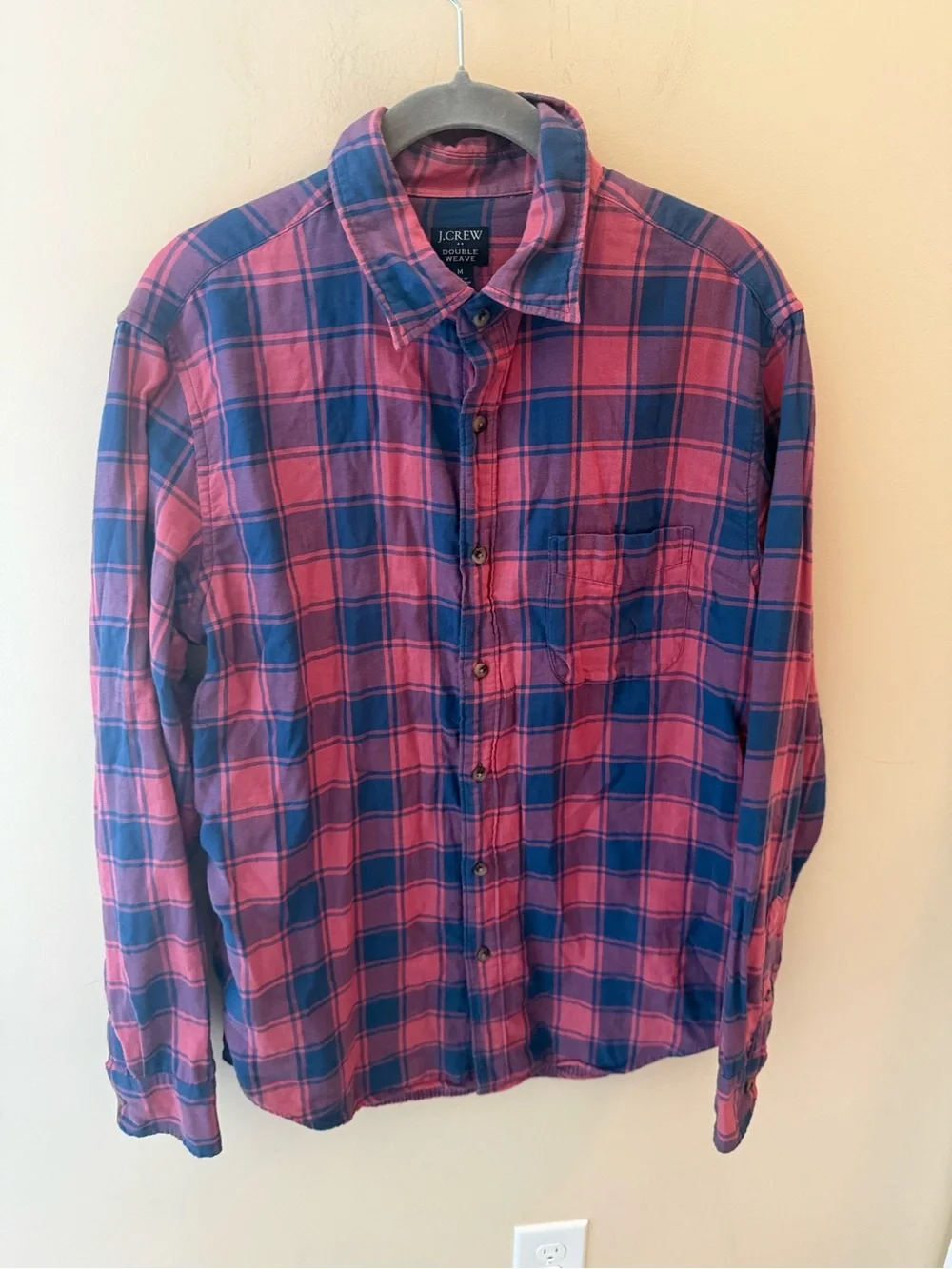 J. Crew Double Weave Button Down cotton red blue plaid mens size medium